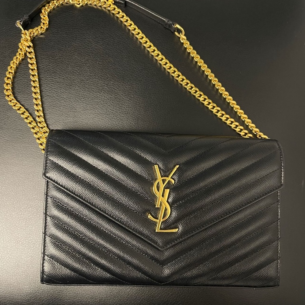 Yves Saint Laurent Black Chevron Crossbody with Gold Chain